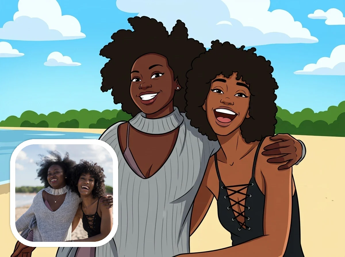 Original friendship photo and cartoon result comparison for AI cartoon generator from photo