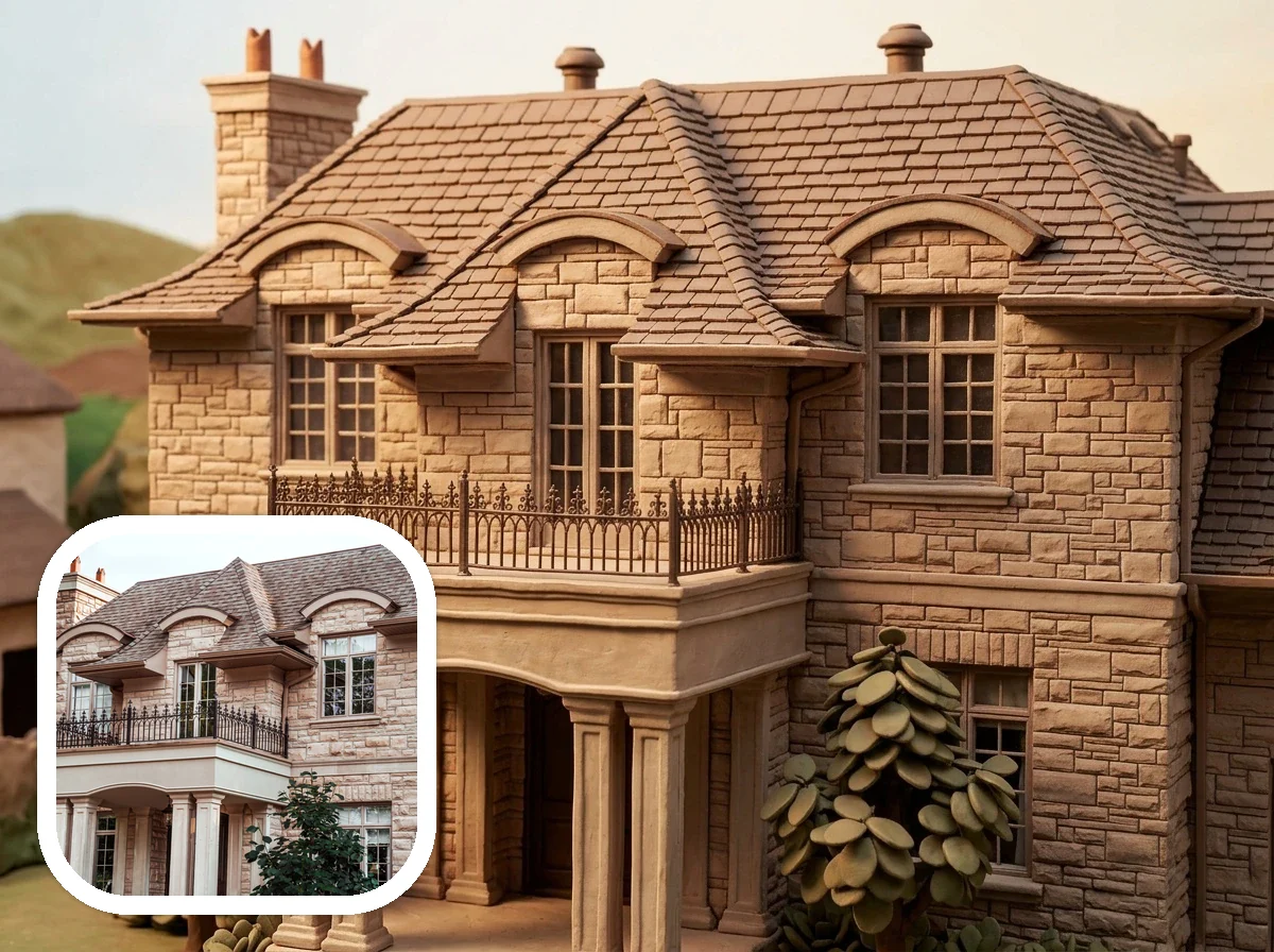 Claymation Style miniature house diorama before and after example