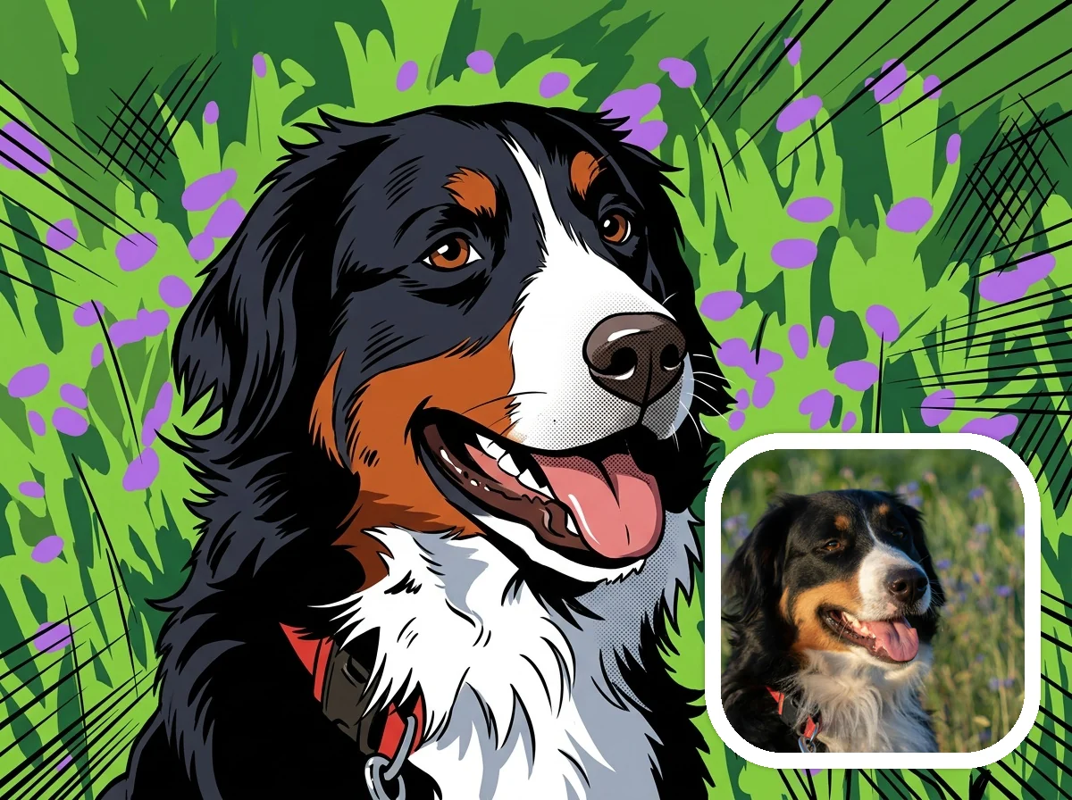 Comic Book Style dramatic pet companion before and after example
