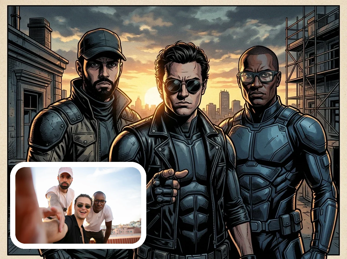 DC Comic Style hero team group portrait before and after example
