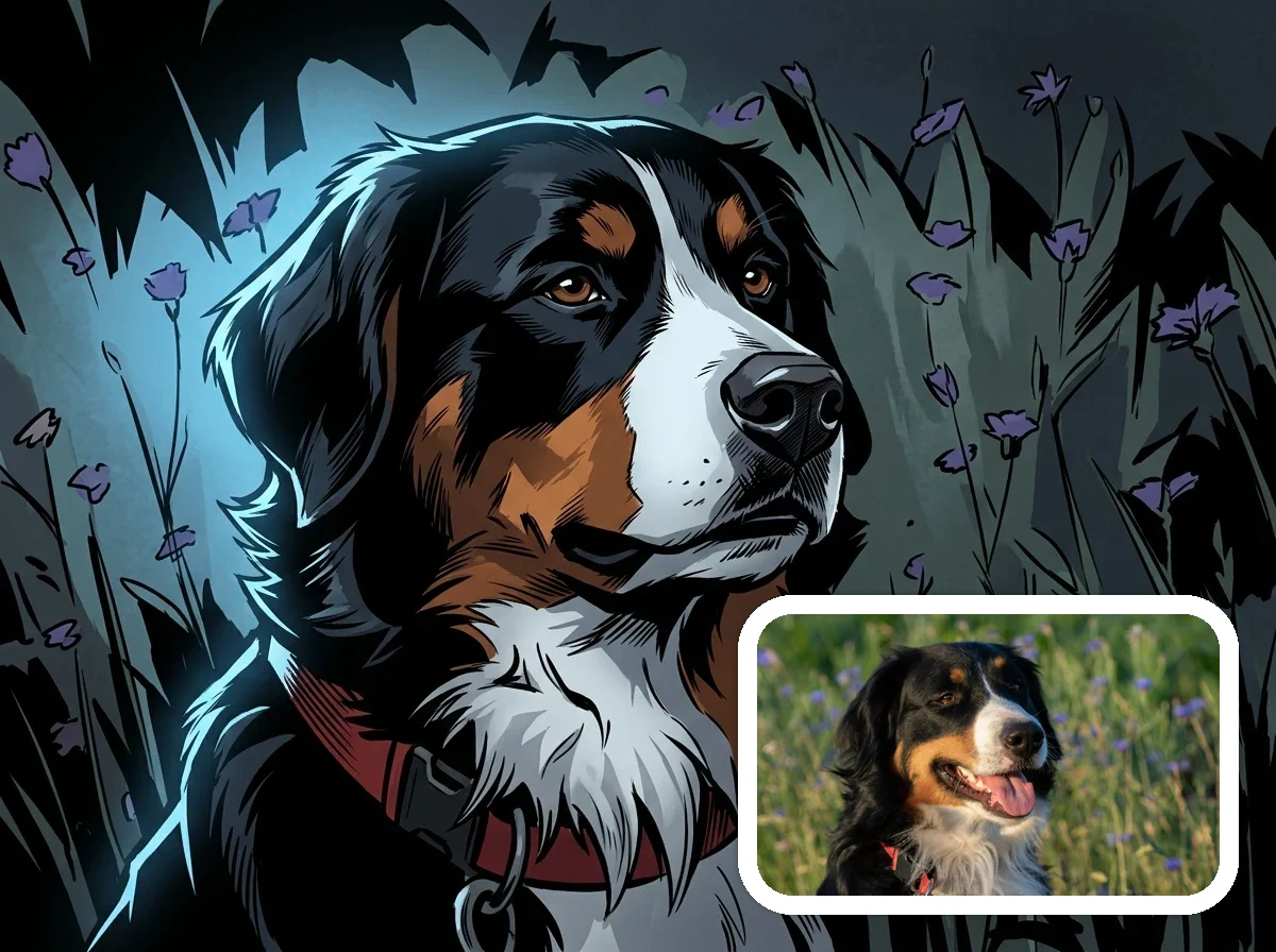 DC Comic Style dramatic pet companion before and after example