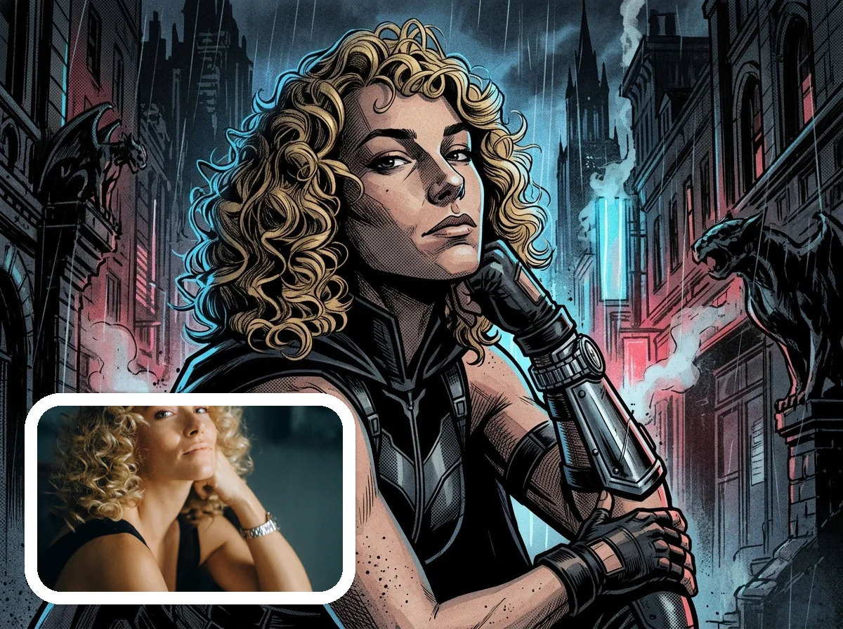 DC Comic Style noir superhero portrait before and after example