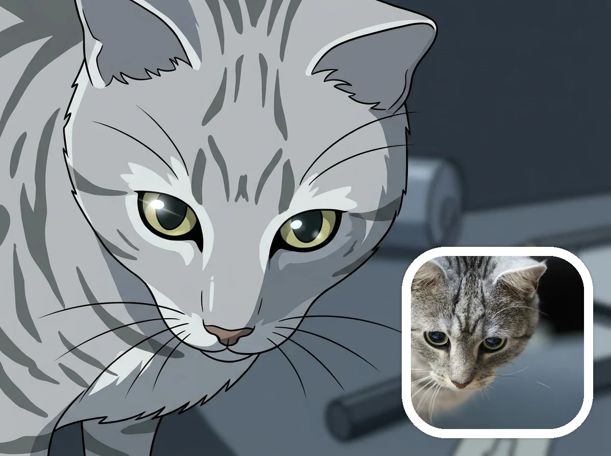 Detective Conan Style cat companion before and after example