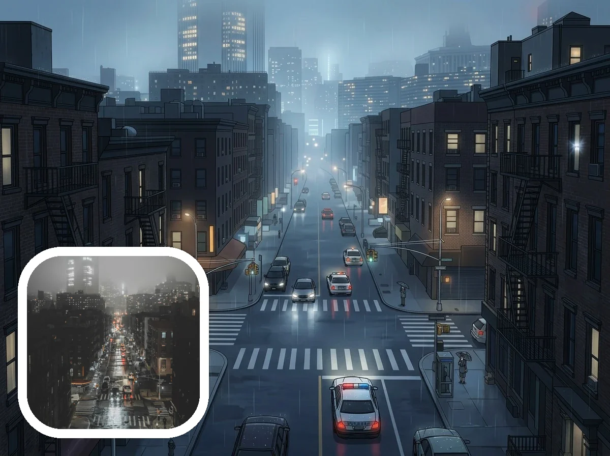 Detective Conan Style city mystery scene before and after example