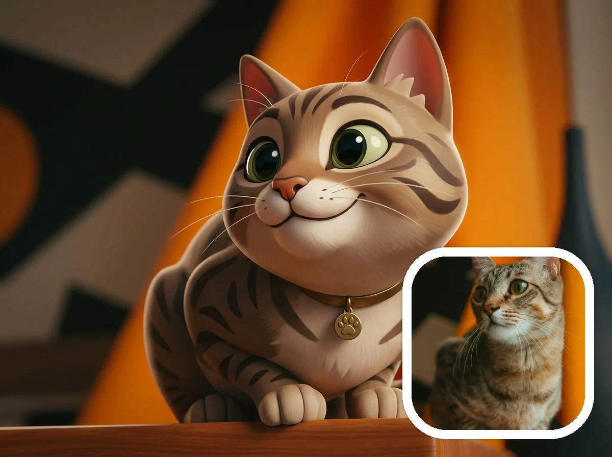 DreamWorks Style cat sidekick before and after example