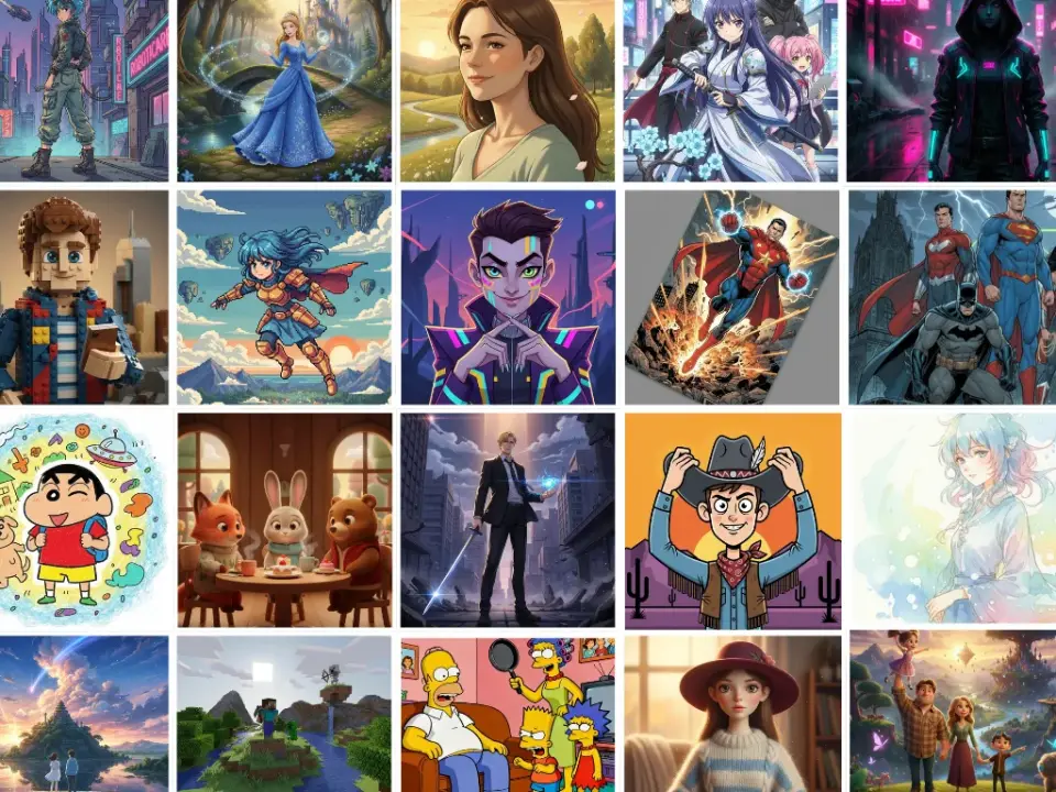 One character rendered in retro anime, watercolor, pixel art, and 3D styles