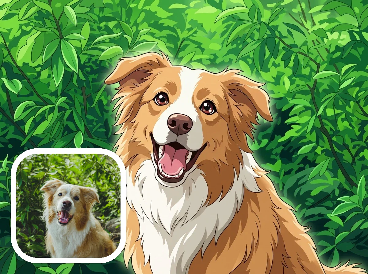 Pet photo transformed into anime-style illustration