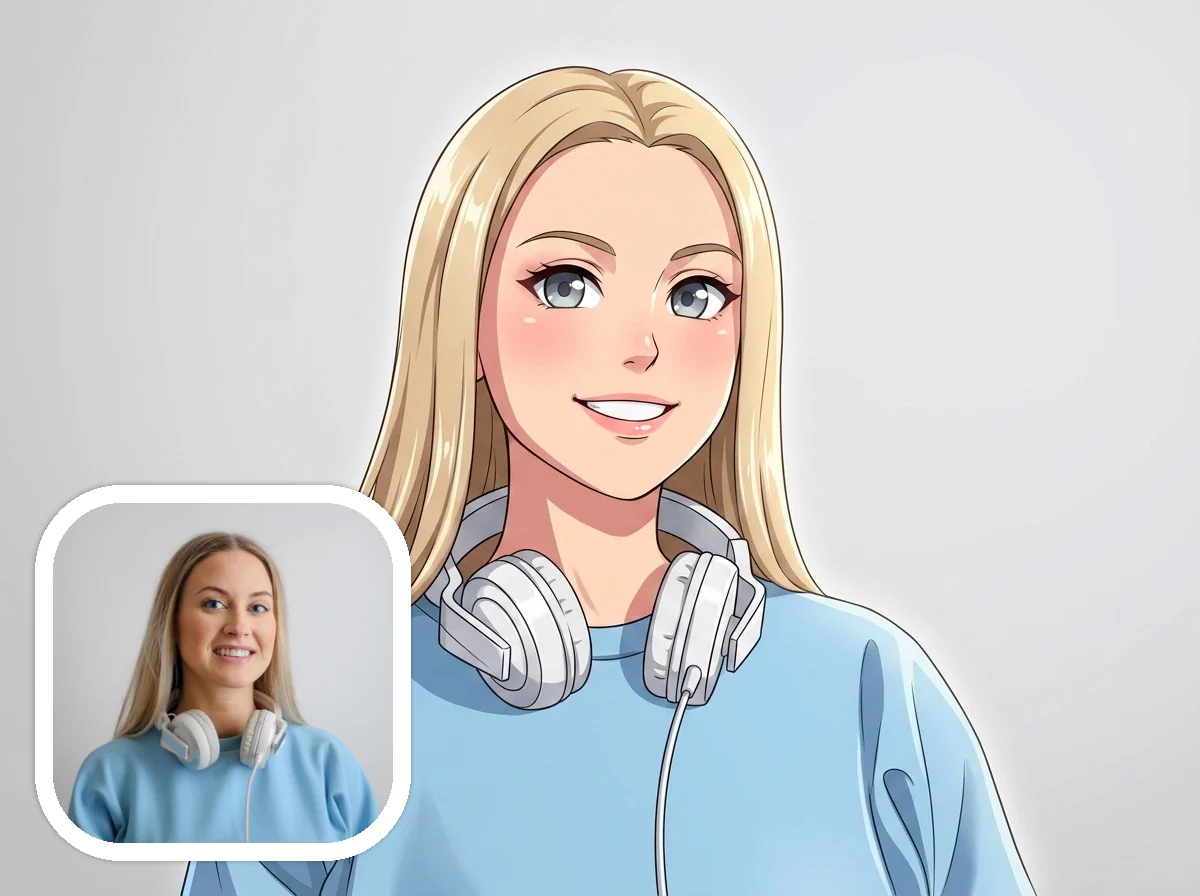 Selfie transformed into anime portrait artwork