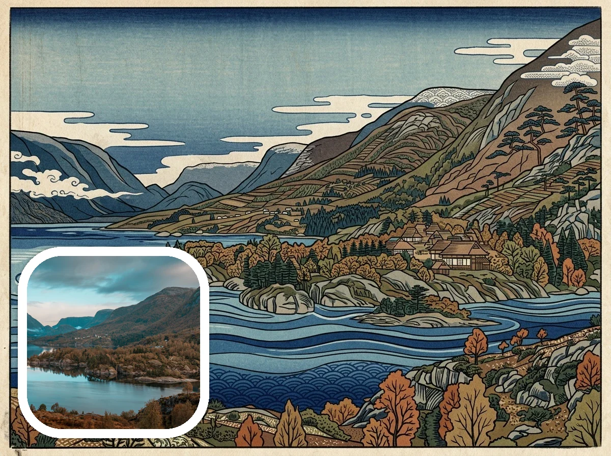 Japanese Ukiyo-e landscape before and after example