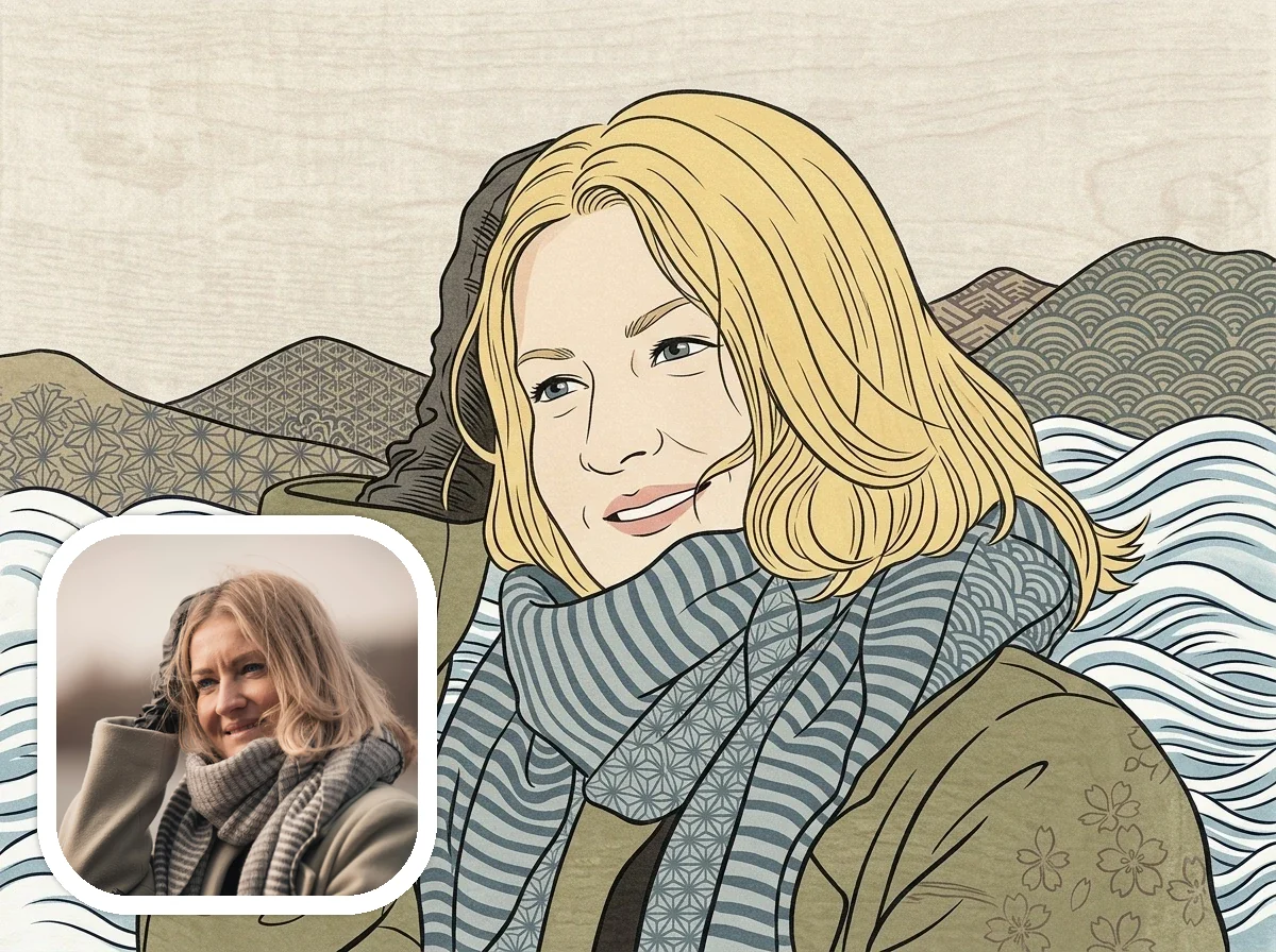 Japanese Ukiyo-e portrait before and after example