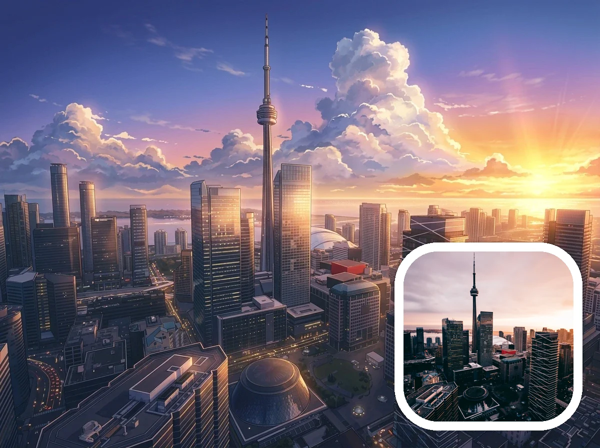 Makoto Shinkai Style city skyline before and after example