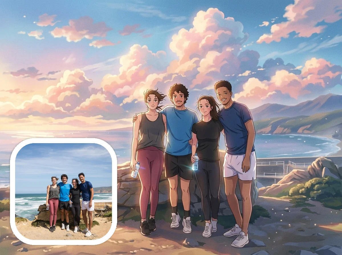Travel photo restyled into cinematic anime scene