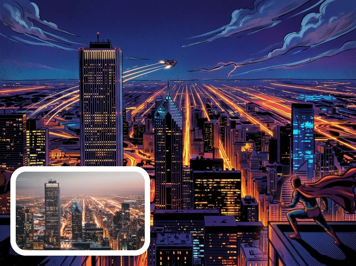 Marvel Comic Style action city scene before and after example