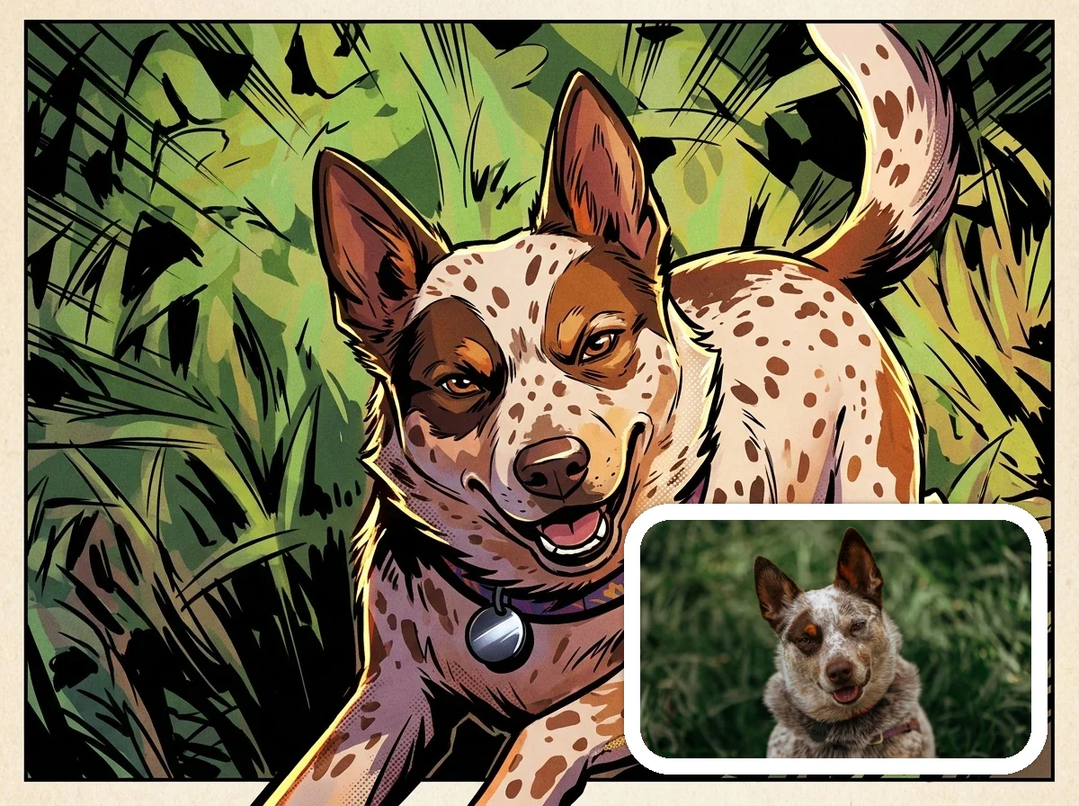 Marvel Comic Style heroic pet sidekick before and after example