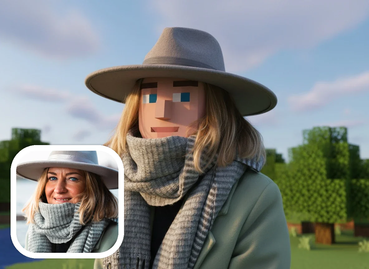 Before and after portrait transformed into Minecraft-style blocky avatar art
