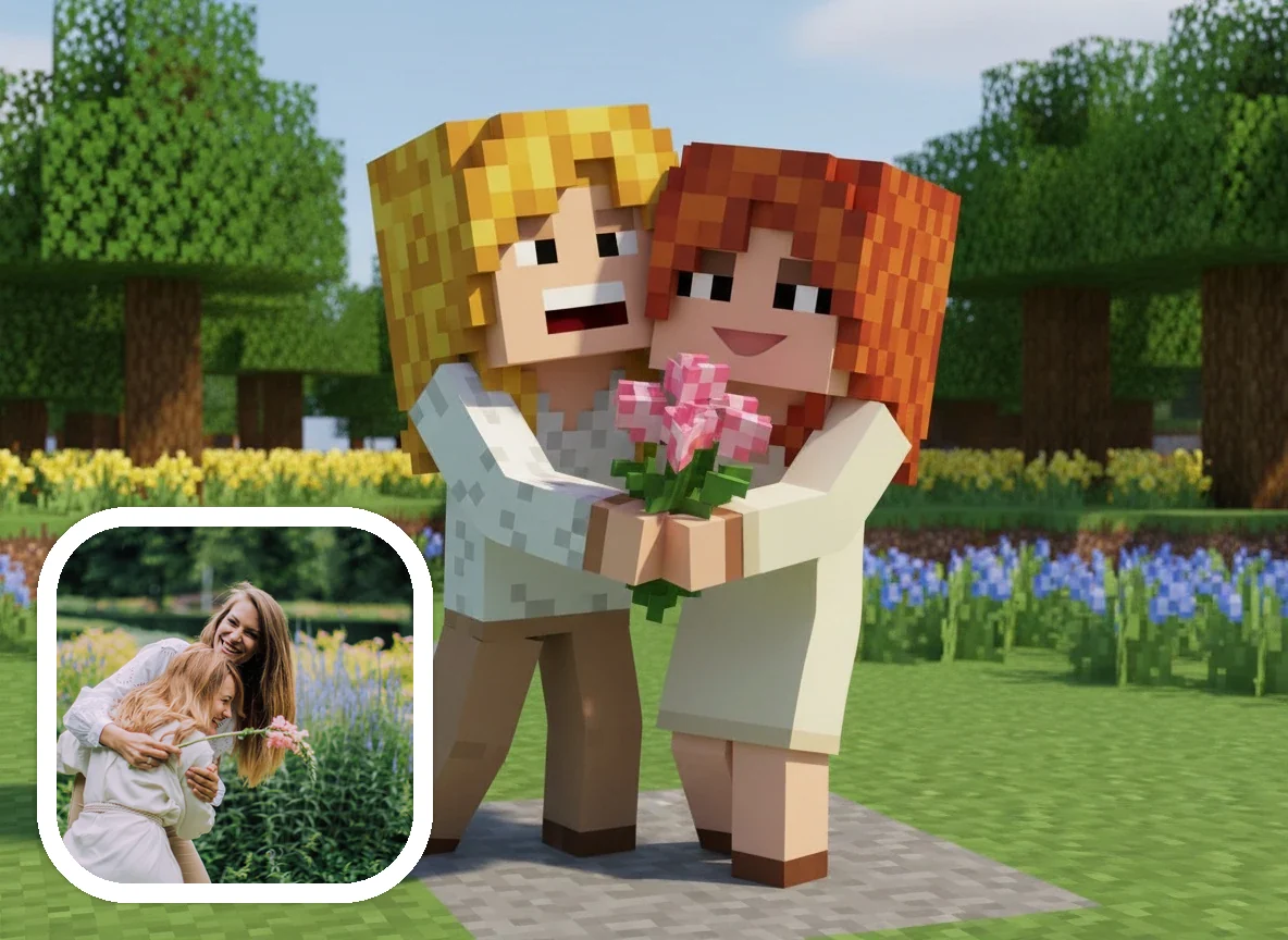Before and after friends transformed into Minecraft-style game scene art