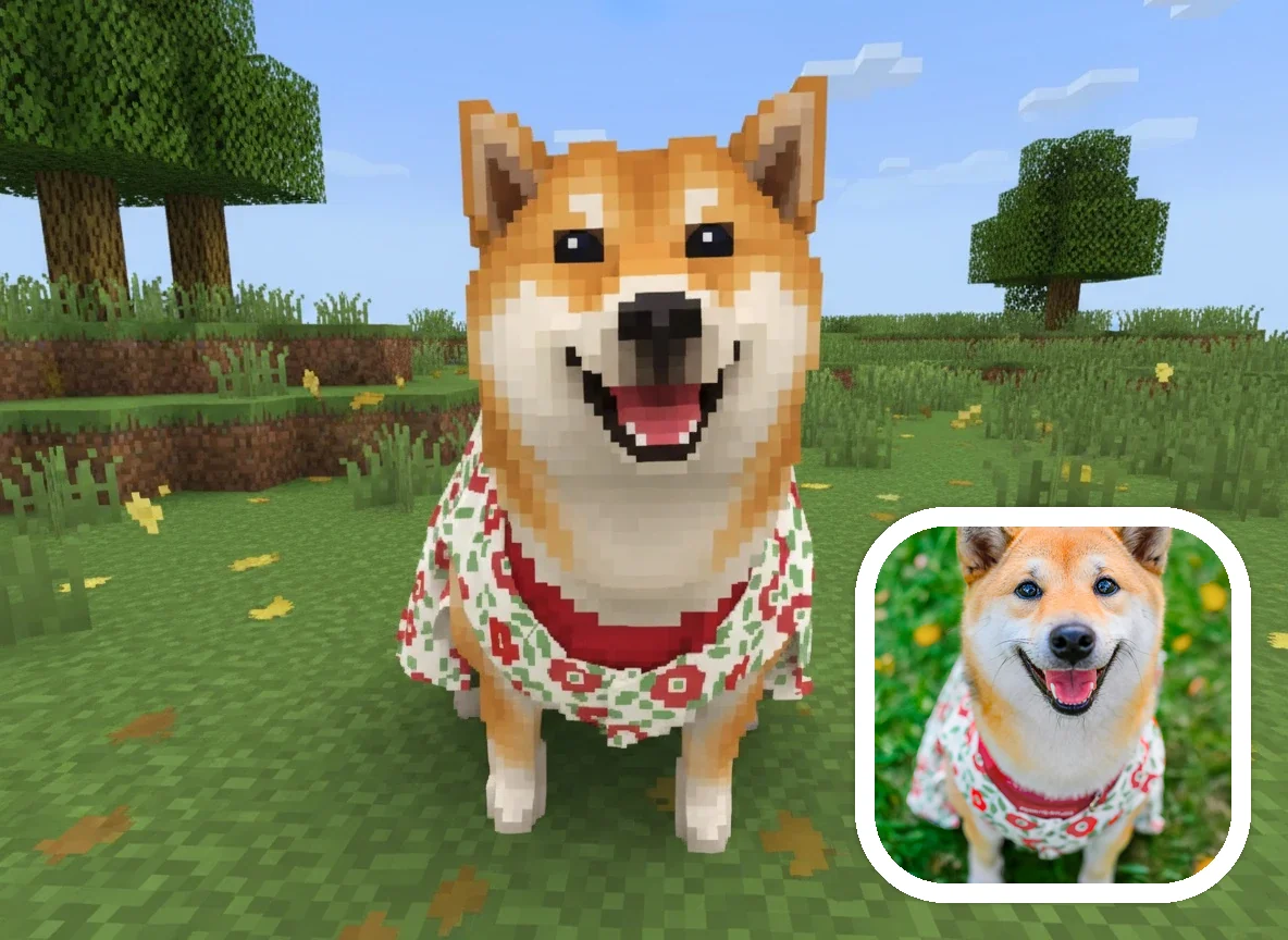 Before and after dog transformed into Minecraft-style pet companion art