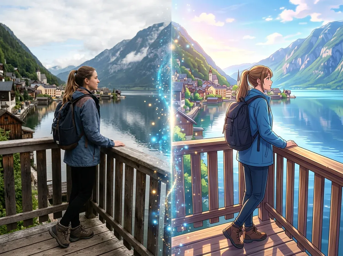 Travel photo restyled into cinematic anime scene