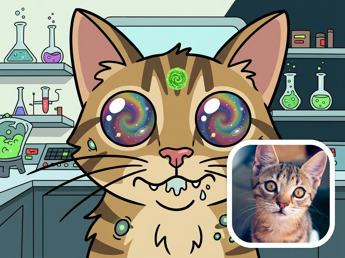 Rick and Morty Style alien cat sidekick before and after example