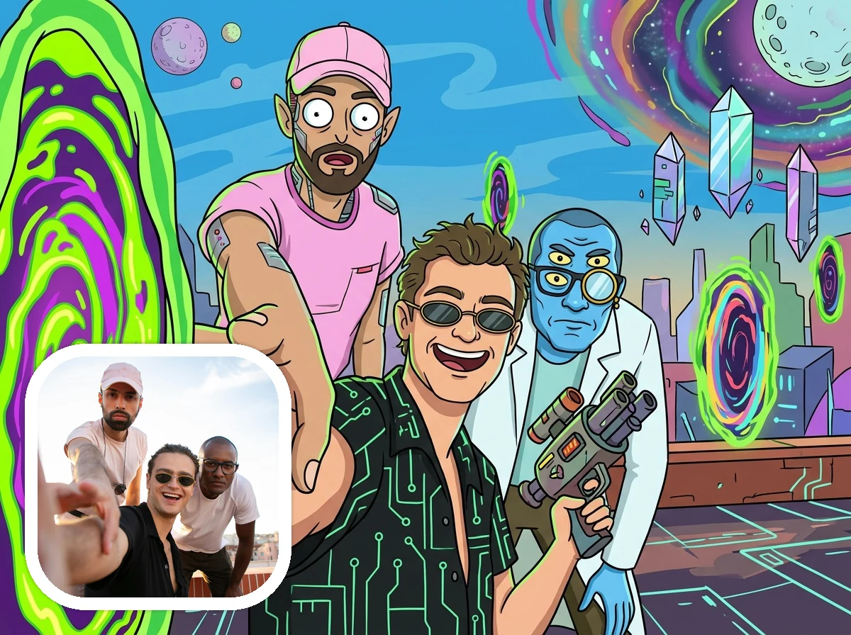 Rick and Morty Style multiverse crew before and after example