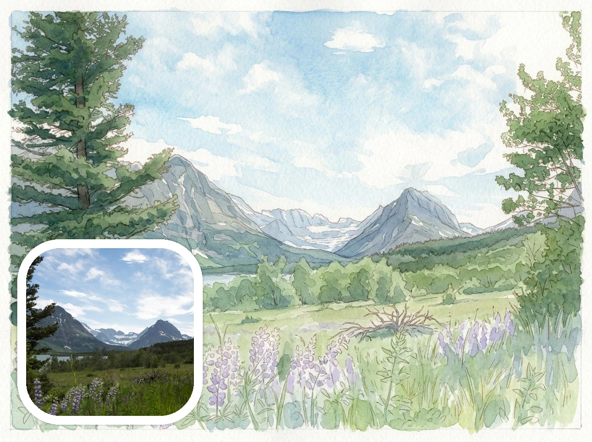 Watercolor Style landscape before and after example
