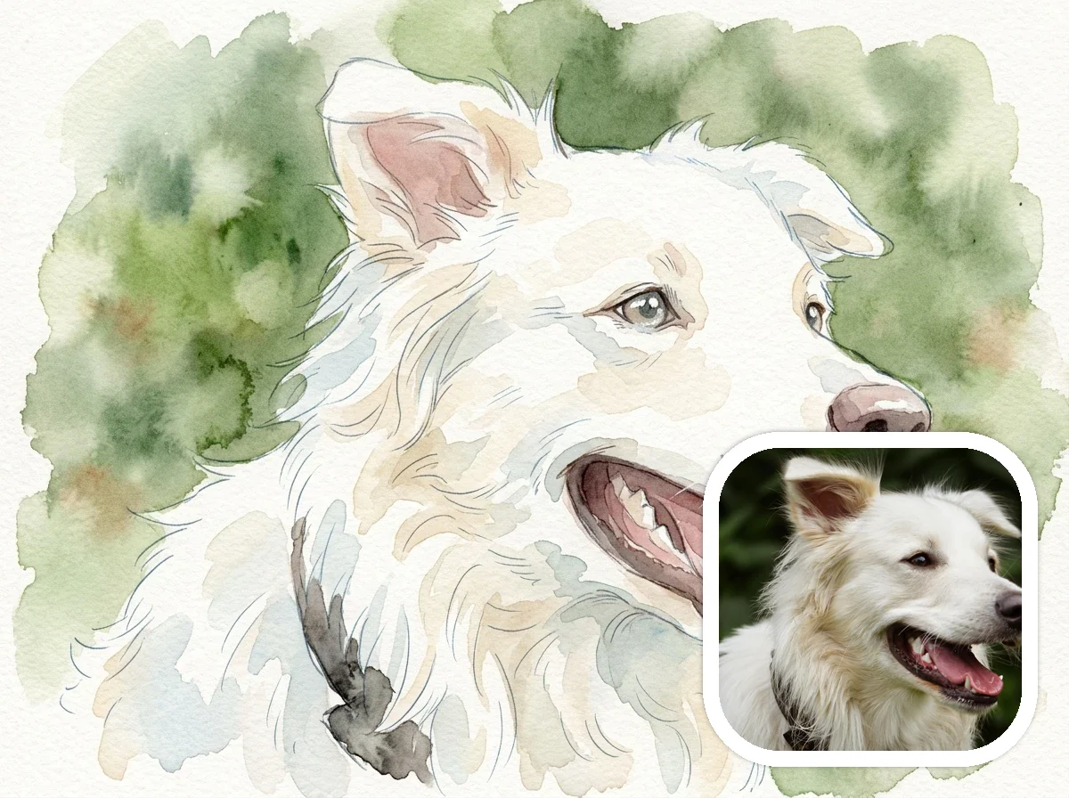 Watercolor Style pet companion before and after example