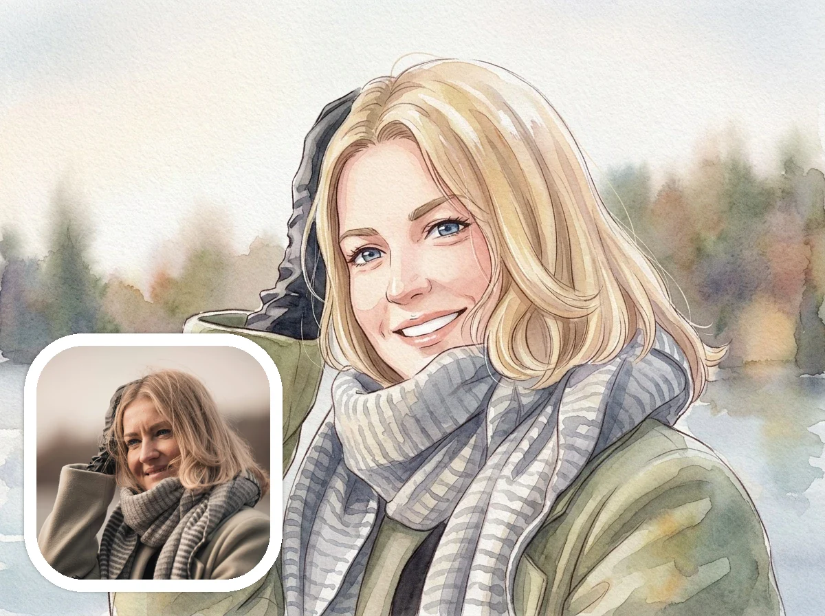 Watercolor Style portrait before and after example
